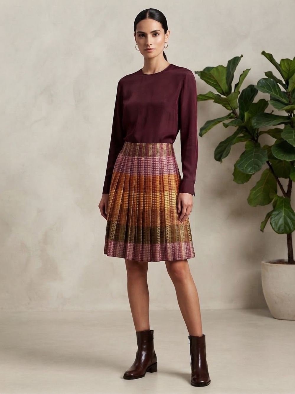 Per Se Vintage Silk Blend Ombre Plaid Pleated Midi Skirt